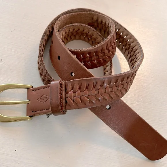 FOSSIL woven leather belt with gold toned buckle, women’s Medium - Picture 1 of 8